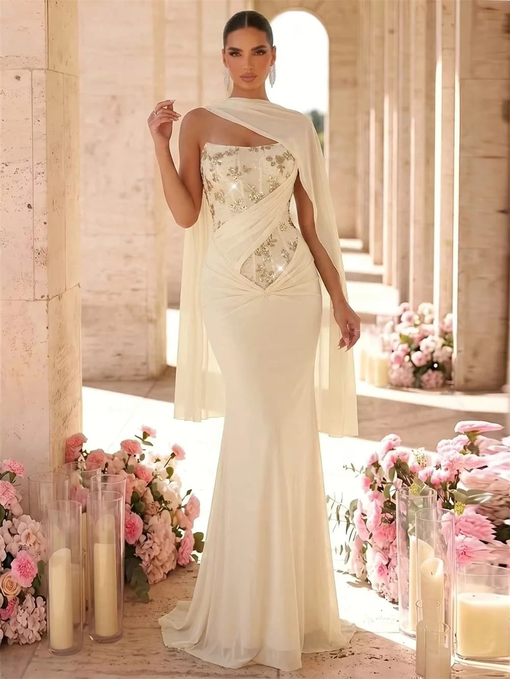 Bright colored scarf matched with strapless design, delicate floral embellishments on front panel, high waistband to shape figur