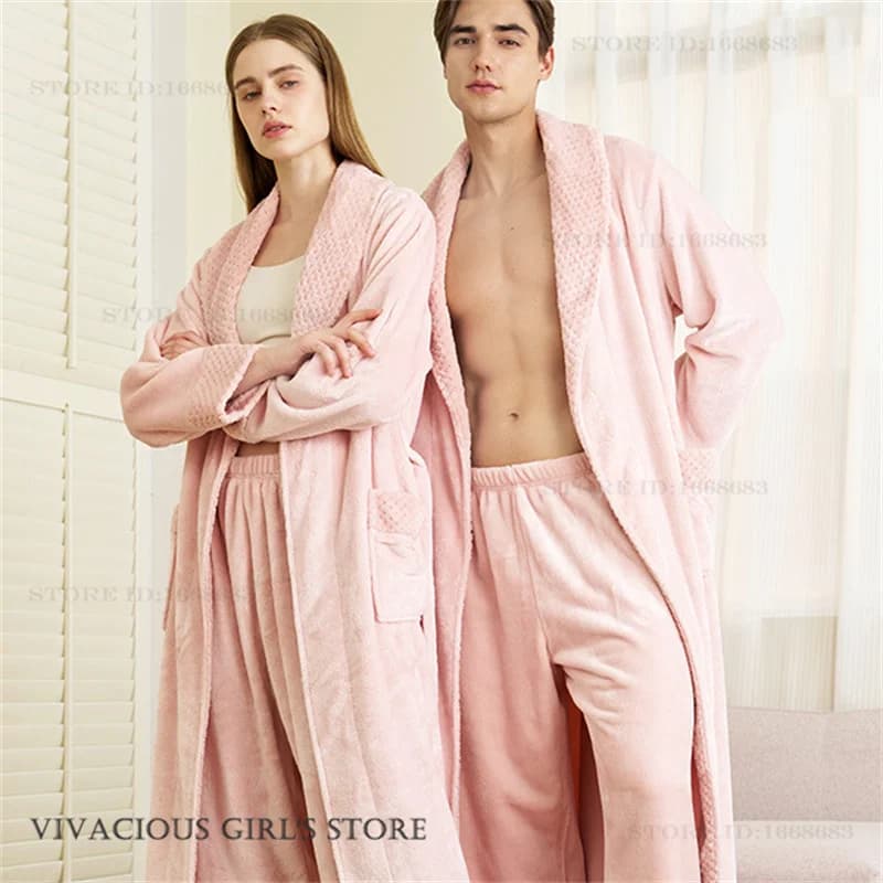 Thicken Flannel Long Robe Pajamas Set Winter New Couple Sleepwear Bathrobe Trouser Suits Loose Coral Fleece Homewear Loungewear