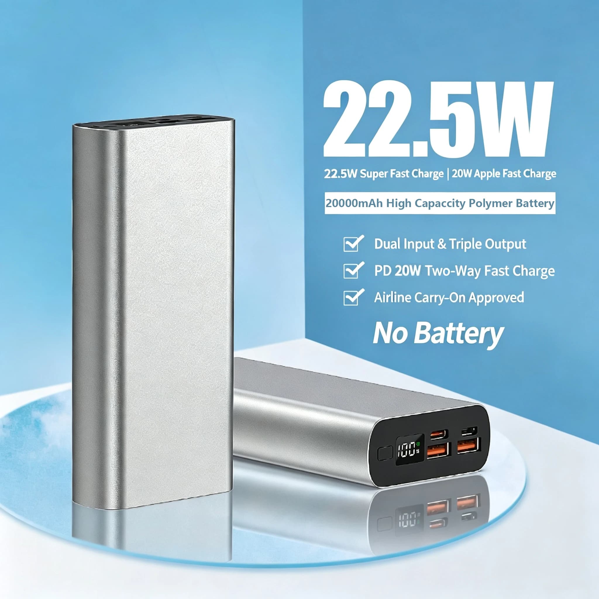 20000mAh Aluminum Power Bank Case No Battery DIY Soldering 1260110 Cell Powerbank PD 22.5W Fast Charging For Xiaomi Samsung