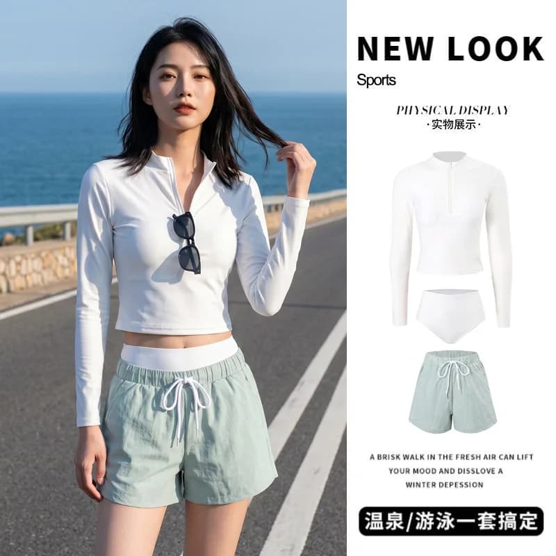 Swimsuit Women 2026 Split Long Sleeved Sun Protection, Belly Covering, Slimming Vacation Hot Spring Surfing Suit