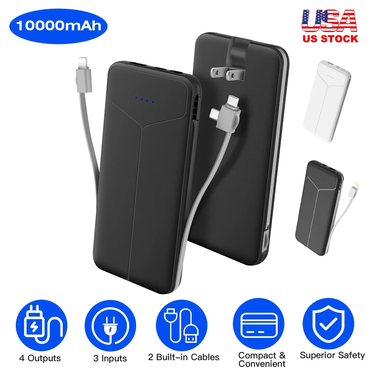 Power Bank Portatile da 10000mAh con Spina USA, 2 Cavi Integrati, Batteria Esterna con 4 Uscite