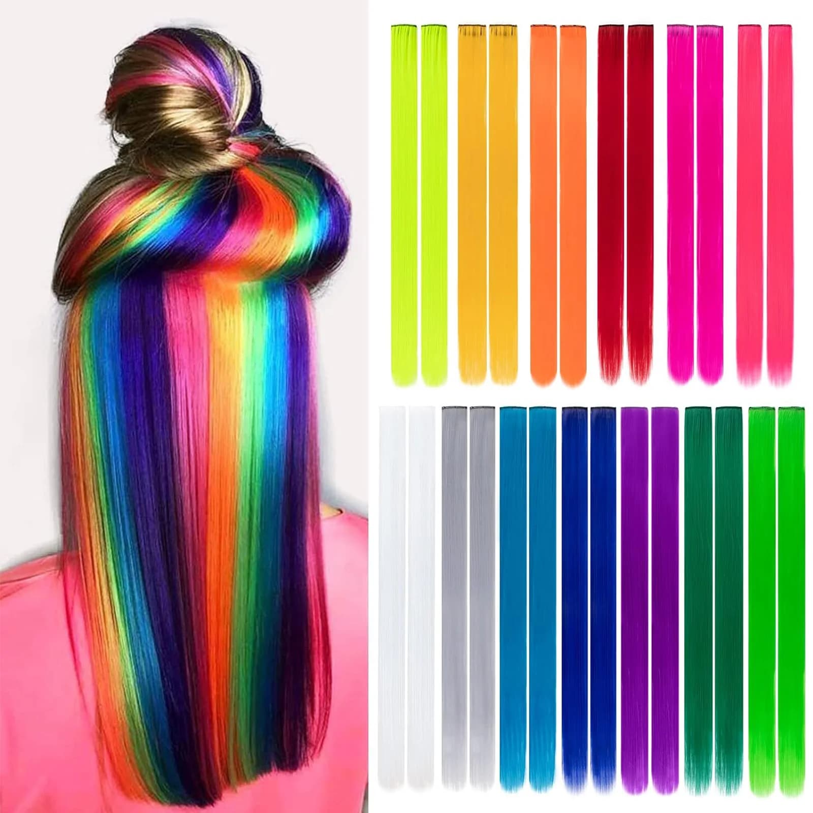 Synthetic 10 colorful pieces for parties with clips in hair extensions for girls Straight multicolored hair clips for everyday use
