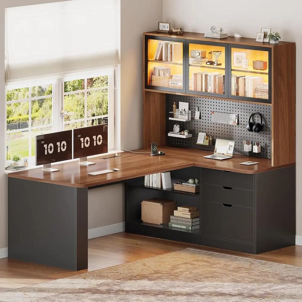 L Shaped Oice Desk, Computer Desk with 3 Wood Der and Large Bookshel, L Shaped Gaming Desk with LED Light, Display Cabinet and P