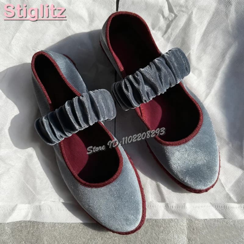 Blu Grigio Velluto Punta Rotonda Appartamenti Increspato Slip-on Fascia Elastica Mary Jane Ballerine 2026 Primavera Nuove Donne Scarpe Casual Quotidiane