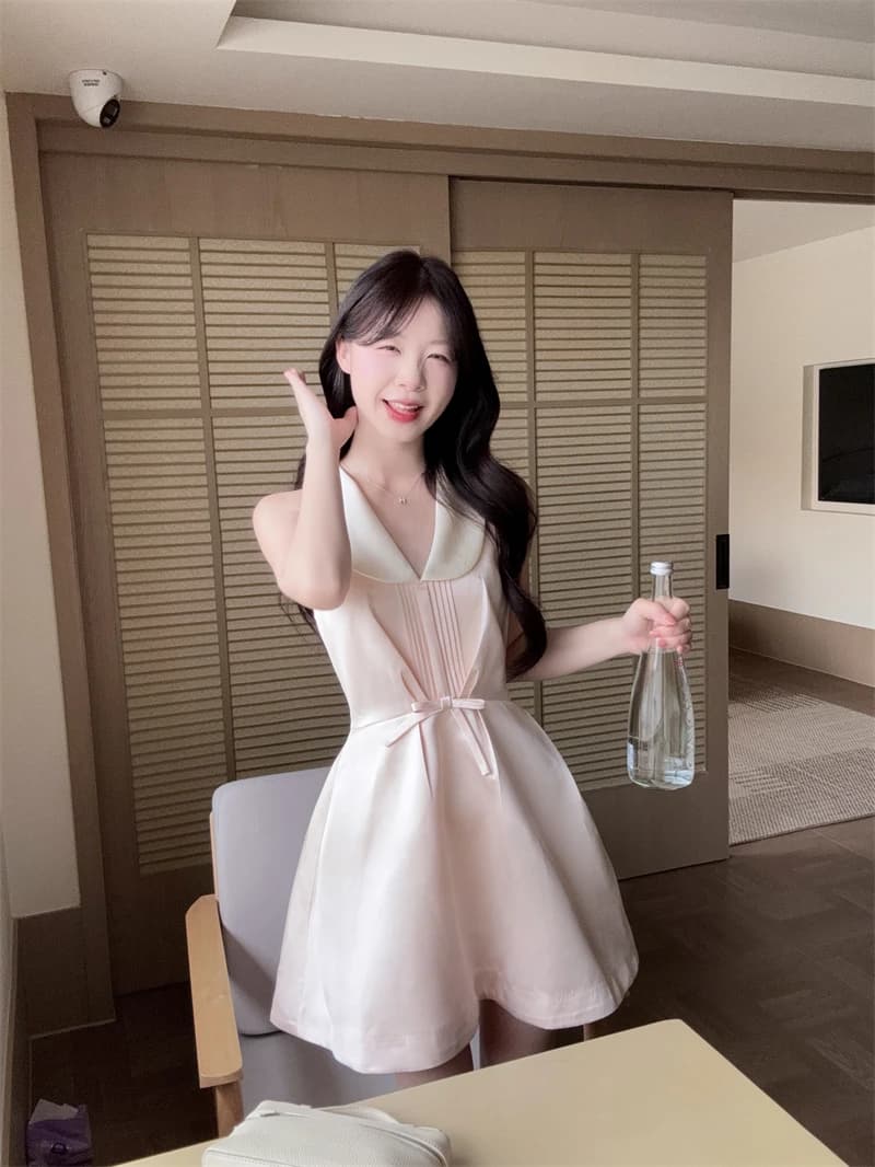 Sweet Style Pink Doll Collar Vest Dress Women's Summer Knot Pleated A-Line Skirt Short Skirt City Commute