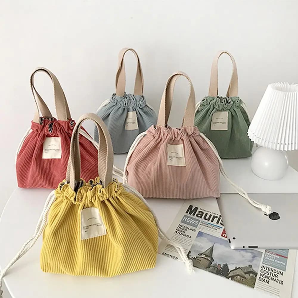 Canvas and Velvet Lunch Bag with Drawstring, Small Picnic Tote Bag, Food Container