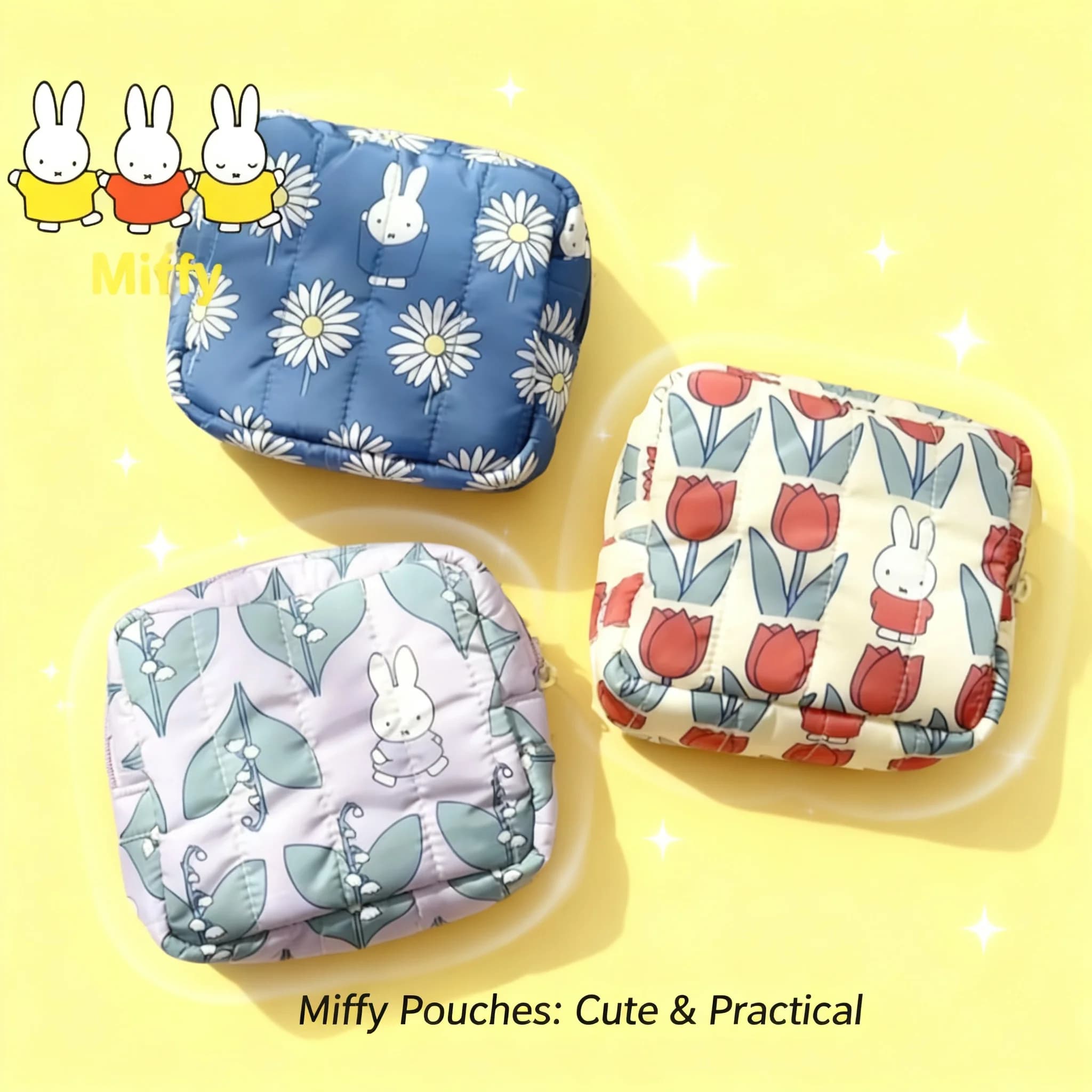 Kawaii Japanese Style Miffy Rabbit Flower Cartoon Print Square-shaped Makeup Bag Pocket Purse for Girls and Women Portable