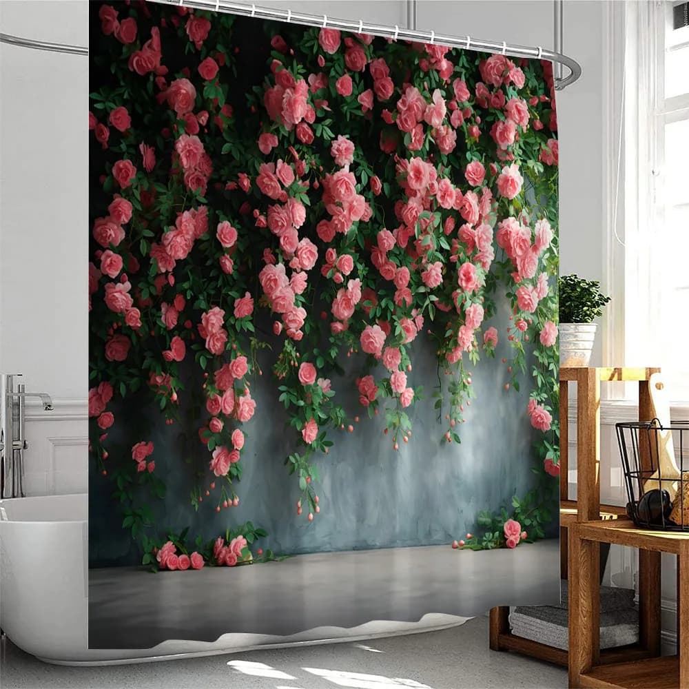 Floral Plants Shower Curtain Pink Roses Green Leaf Vines Botanical Home Decor for Bathroom Polyester Bathtub Curtains Cloth