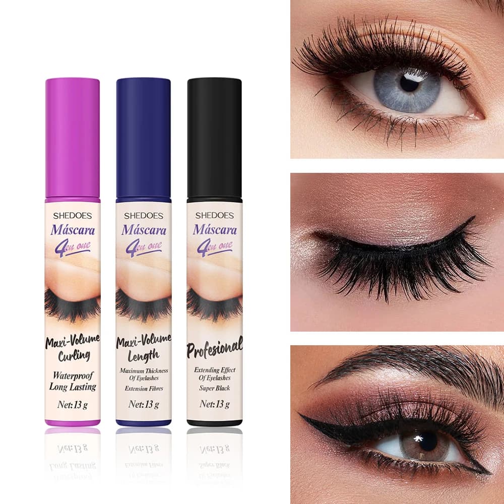 SHEDOES Large volume mascara from 3 pieces: three tips for brushes, waterproof and sweat resistant, fast drying, without lumps, volumizing