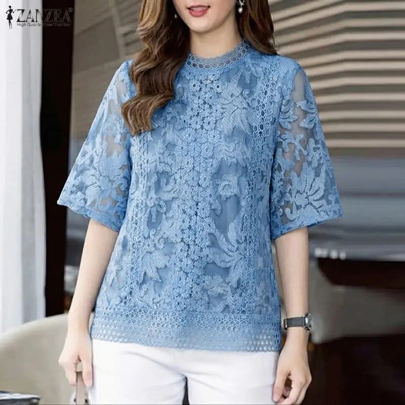 2026 ZANZEA Camicetta Estiva in Pizzo all'Uncinetto da Donna, Elegante a Mezza Manica, Scavata, Top da Lavoro Casual, Ricamata, Patchwork, Camicia per Vacanze