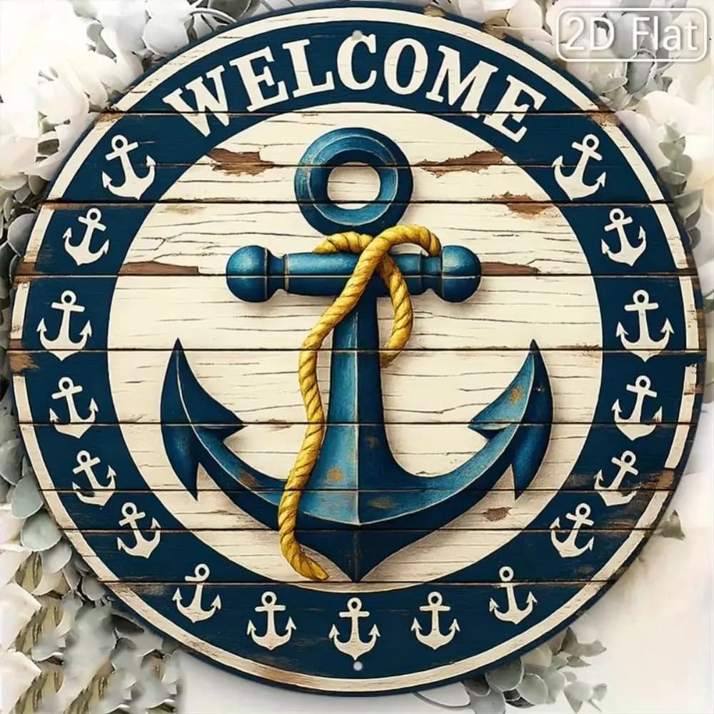 CIFBUY Welcome Sign Anchor Nautical Metal Decor Wall Art for Entryway Porch Terrace, 20x20 cm Rustic Coastal Boat House Gift