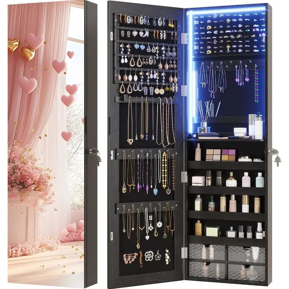 Cabinet Organizer with LED Lights, Wall Mounted/Porta with Full Figure Mirror, Large Suspended Wardrobe, 4 Drawers, 5 shelves, B