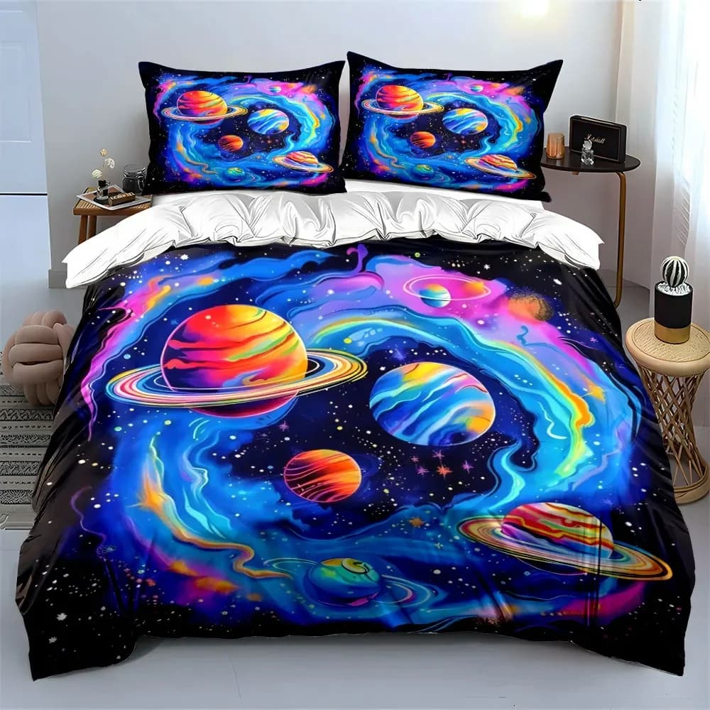 Set di biancheria da letto colorato Galaxy Planet Set Decor con 1 copripiumino e 2 federe, singolo, matrimoniale, king, queen, regalo