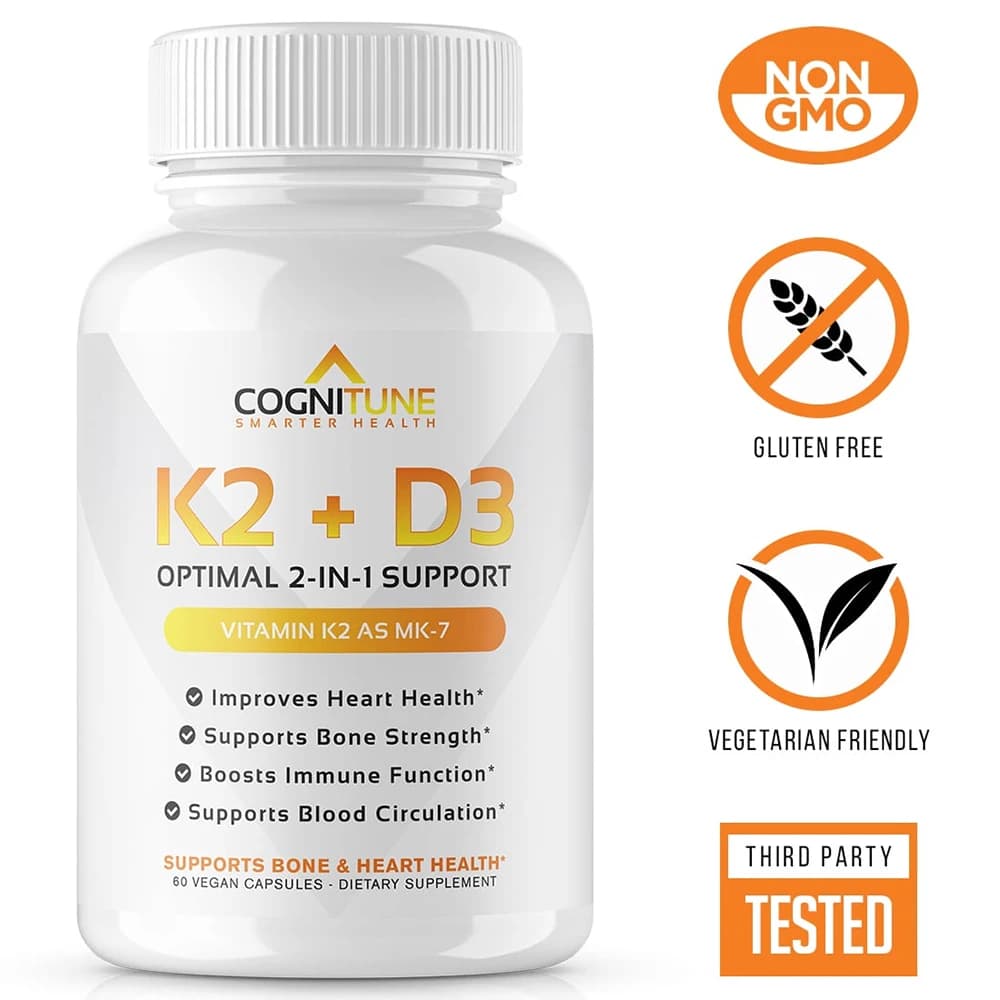 Vitamin D3 5000 IU and vitamin D3 K2 (MK7), immune support, nutritional supplement for heart and bone health, 60 capsules