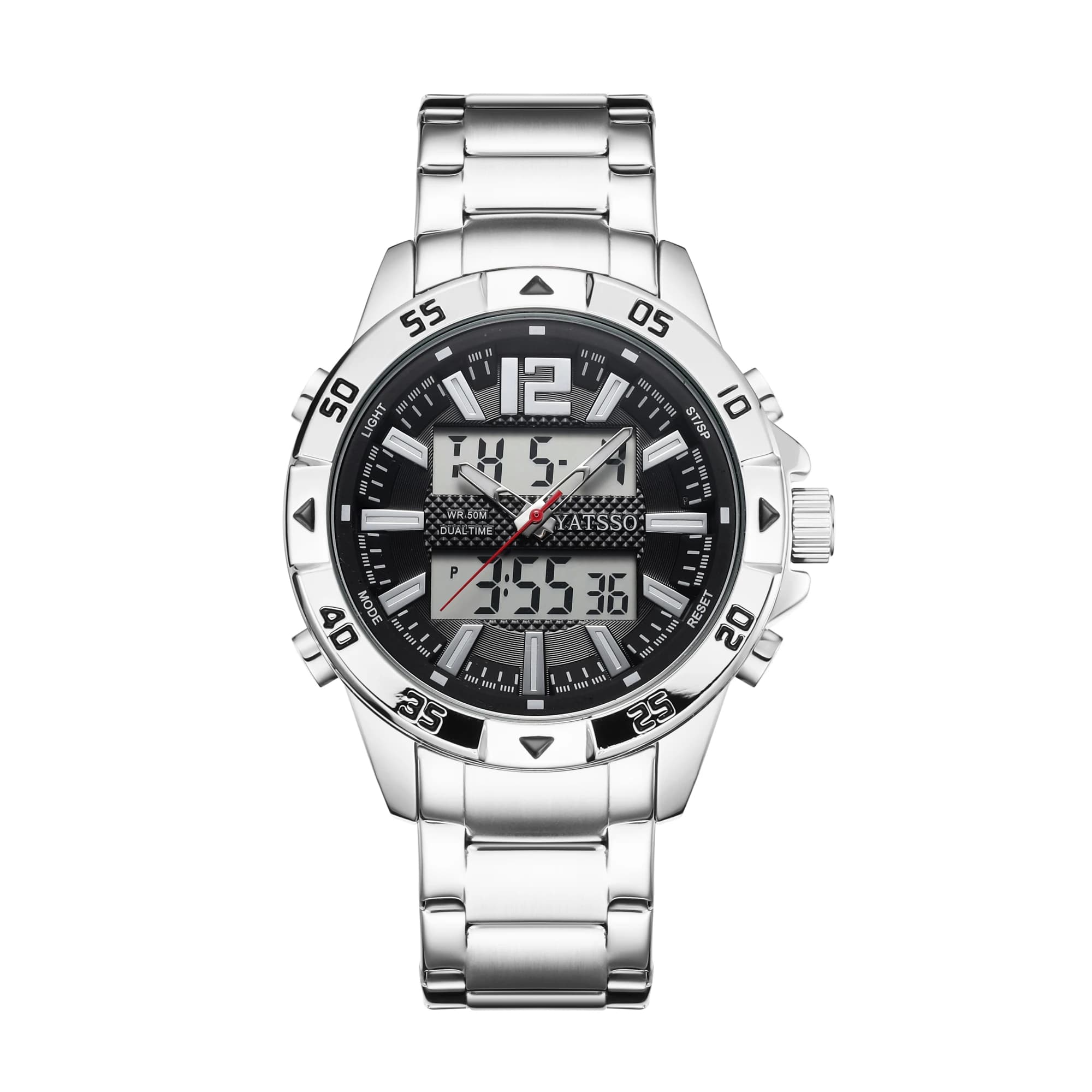 Orologio Ibrido da Uomo Digitale Analogico Doppio Fuso Orario Impermeabile 50M Cinturino in Acciaio Inossidabile Multifunzione Orologio Sportivo al Quarzo per Uomo