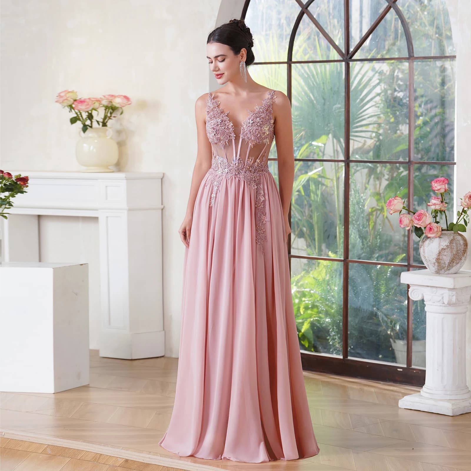 STEPHANIE Evening Maxi Dresses 2025 Elegant Lace Appliques Beaded A Line Dusty Pink Chiffon Long Prom Gowns Vestido De Gala