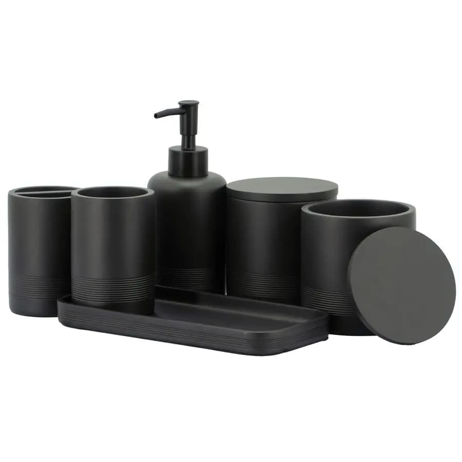 Set di Accessori Bagno Nero Opaco 6 Pezzi: Porta Spazzolino, Dispenser Lozione, Contenitore Q-tip, Vassoio da Toilette, Bicchiere da Appoggio