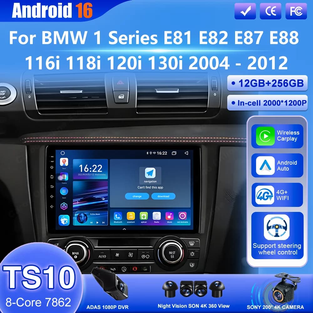 Autoradio Android 16 per BMW Serie 1 E81 E82 E87 E88 116i 118i 120i 130i 2004-2012, Lettore Multimediale Carplay, GPS Auto, 4G WIFI