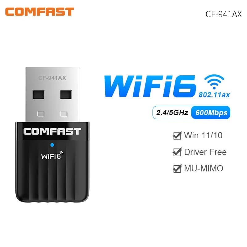Adattatore Wi-Fi Comfast WiFi 6 Mini AX600, scheda di rete USB, dongle Wi-Fi 2.4GHz, adattatore LAN Wi-Fi senza driver, ricevitore Wi-Fi 600M.