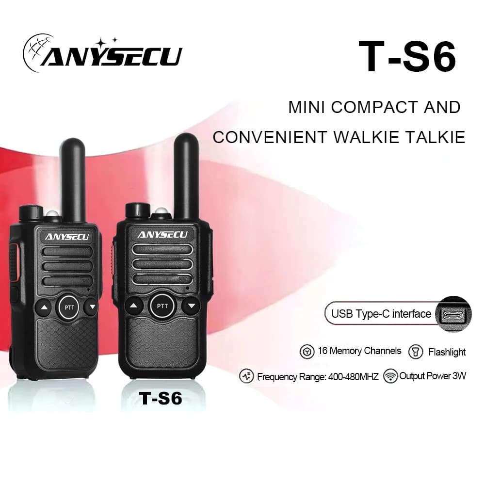 2PCS ANYSECU T-S6 Mini Walkie Talkie 3W UHF 400-480MHz 16CH Portable Two Way Radio Type-C Charging VOX Flashlight 1000mAh