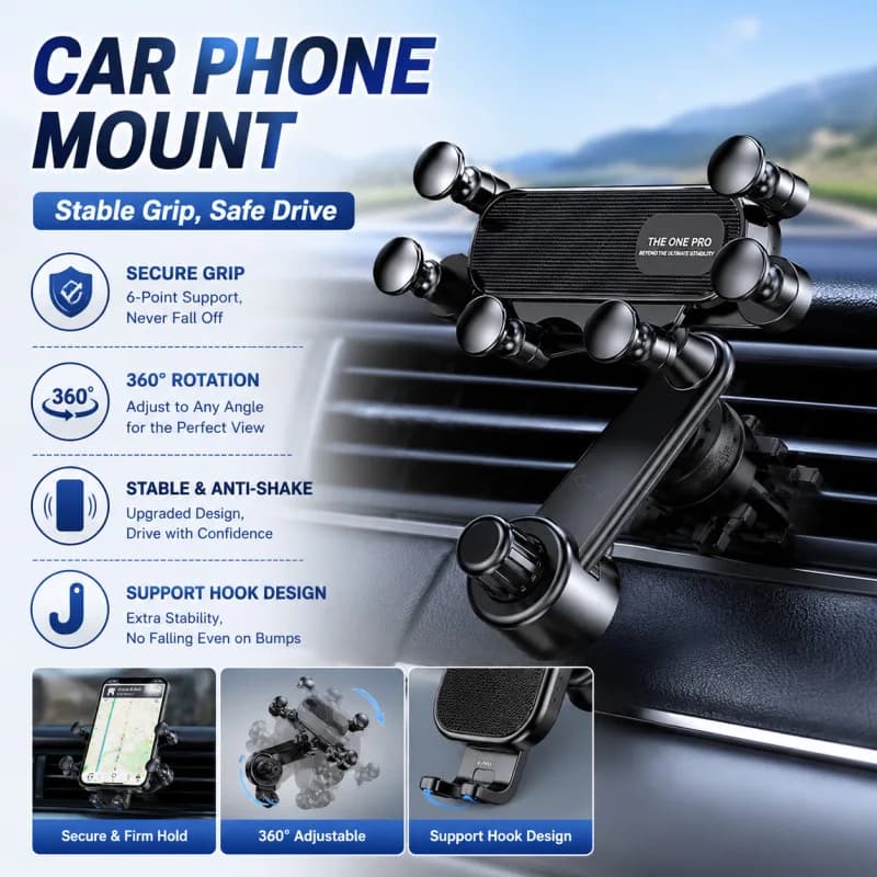 Gravity Car Phone Holder Air Vent 6 Point Support 360 Rotation Metal Hook Anti Shake No Windshield Block for Auto Use