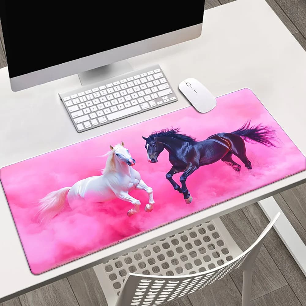 Tappetino per Mouse da Gaming Esteso Bianco e Nero con Cavallo e Fumo Rosa, Grande Tappetino Antiscivolo per Scrivania per Ufficio e PC