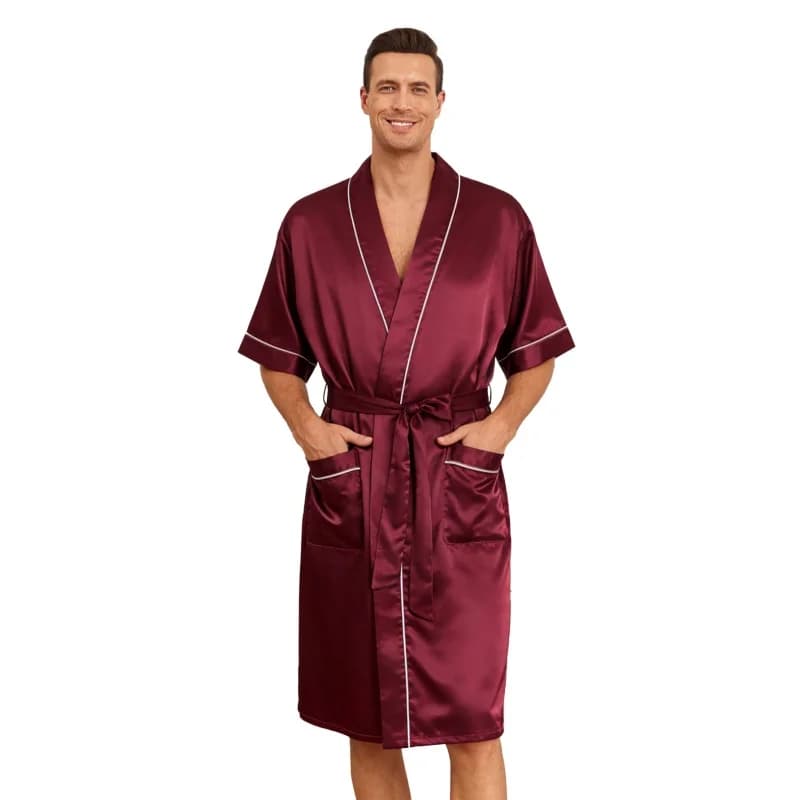 Mens Satin Silk Lightweight Bathrobe Summer Short Sleeve Kimono Style with Belt Pockets Soft Breathable Loungewear for Home Spa