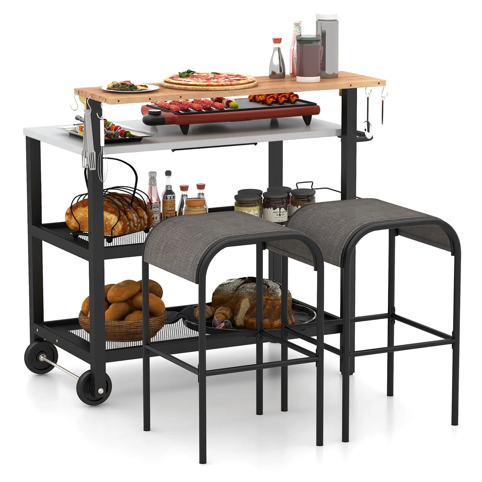 Carrello bar con ruote, tavolo ribaltabile, ganci, porta rotoli di carta e 2 sgabelli da bistrot