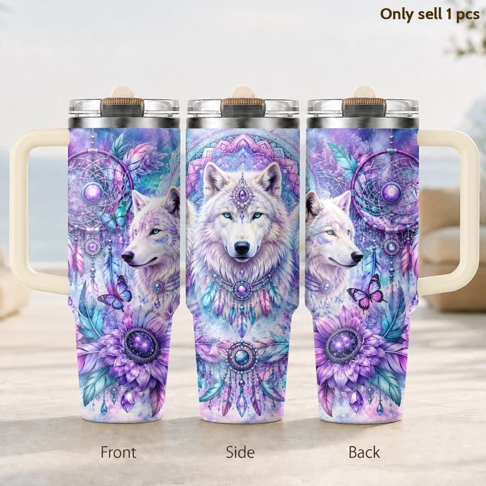 Wolves Boho Dream Catcher Vacuum Flasks 40oz 3rd Gen Vacuum Insulated Stainless Steel Car Tumbler Cup with Handle Straw Lid