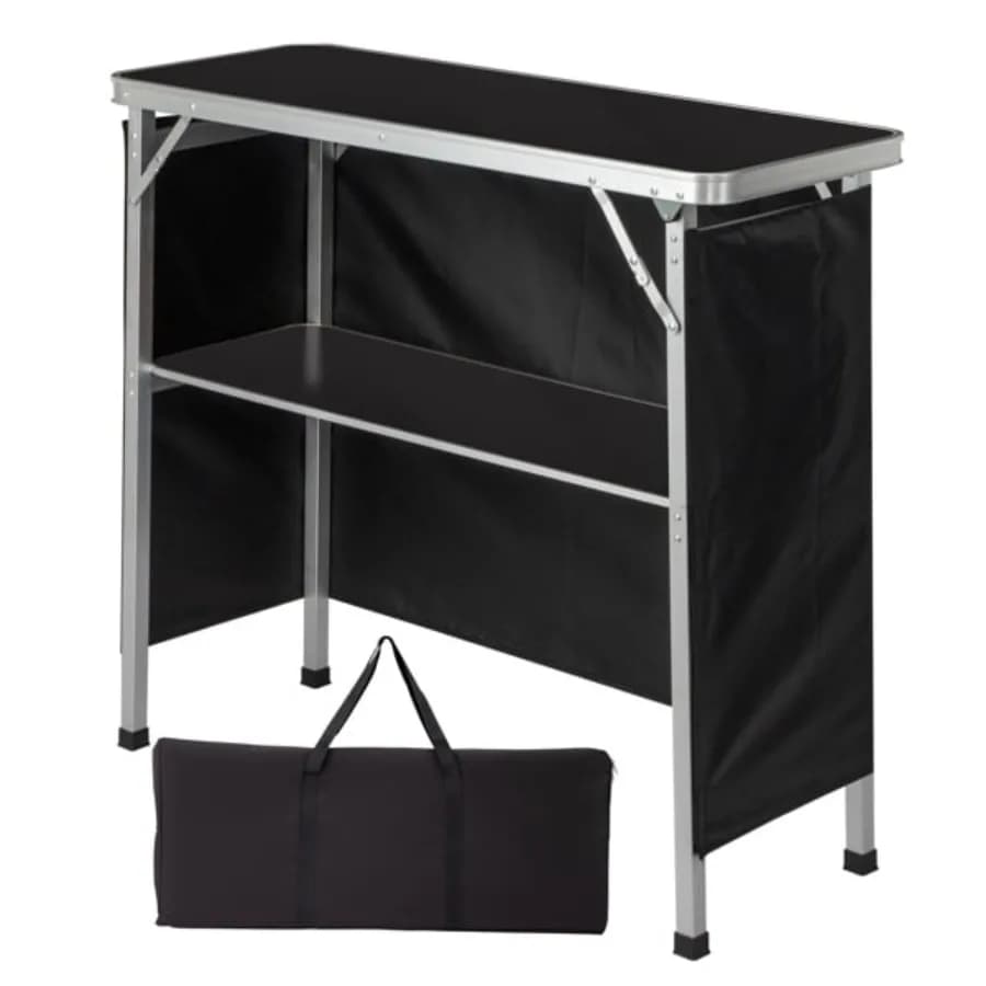 Folding Table with Shelf Portable Trade Show Podium Counter with Black Skirt and Carrying Bag for Events Parties Exhibitions
