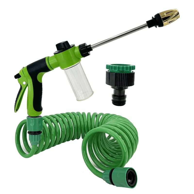Garden irrigation pipe sprinkler head with flexible pipe for 7 functions nozzle, self cleaning spring tube, plastic hose cleaning tool