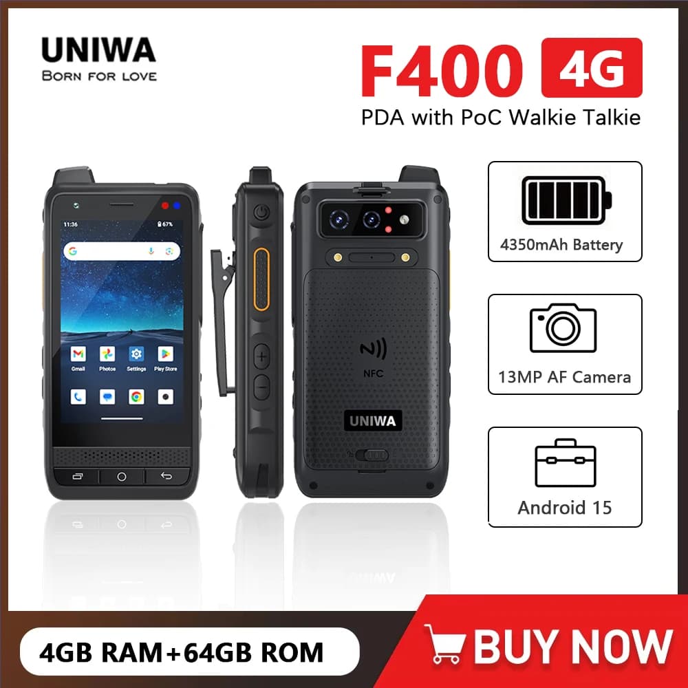 UNIWA F400 PDA robusto con Walkie Talkie PoC Zello IP65 Smartphone Android 15 4350mAh 4.0 pollici 4G Gamma globale Walkie Talkie NFC