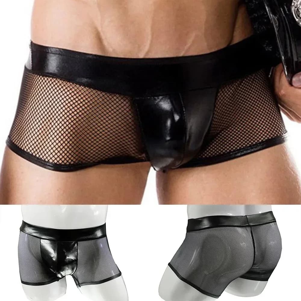 Sexy Underwear Men's Underwear Networked Eco-leather Boots Black Mesh Disco Boxer Man Low Waist Lingerie Erotic Slip Breathable Mutandine