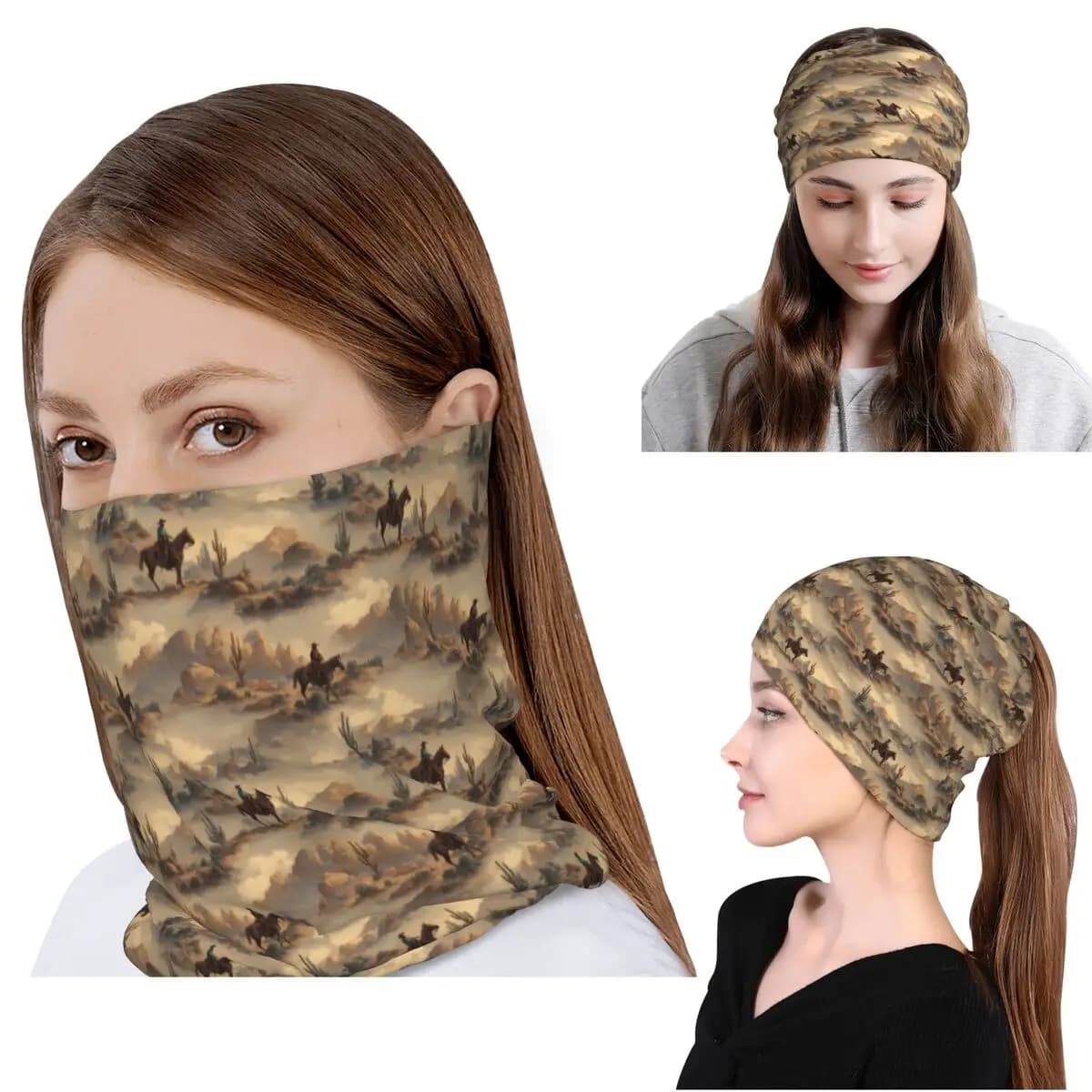 Bandana con motivo cowboy nel deserto e paesaggio western, sciarpa avvolgente, calda fascia per la testa, berretto, cappello unisex per adulti, per tutte le stagioni