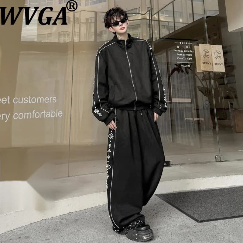 WVGA 2026 Spring Autumn New Men's Beaded Trendy Zipper Long Sleeve Jacket Niche Chic Casual Wide-Leg Pants Two Pieces Set W27080