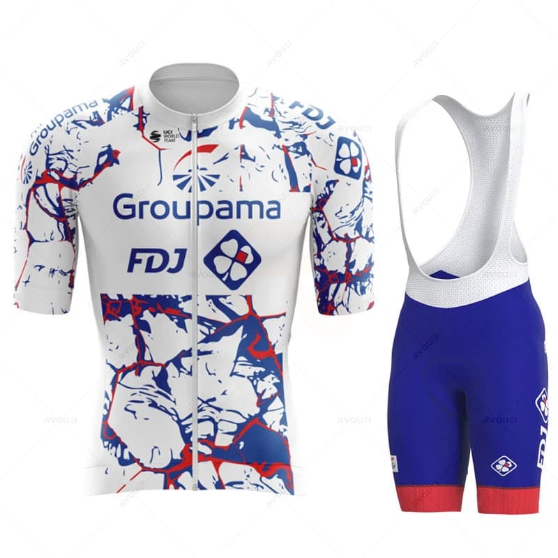 Fdj Team men's cycling sweater, short sleeves, shorts with 19D straps, bicycle clothing, sports shirt, clothing suit, summer, 2024