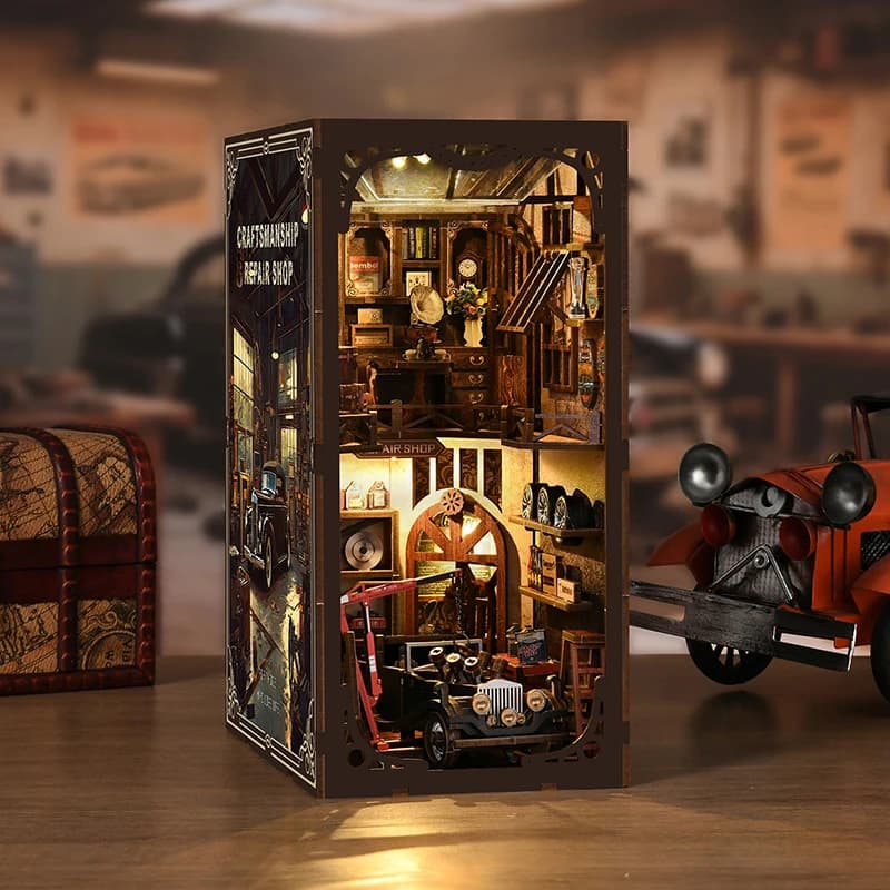 Kit mini angolo libro fai-da-te Casa delle bambole in legno Puzzle 3D Assemblaggio Edificio Scaffale Inserto Decorazione con mobili Regali di Natale