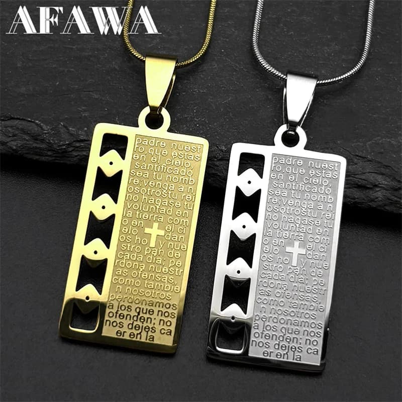 Spanish Lord's Prayer Bible Verse Jesus Cross Chain Necklace for Women Men Stainless Steel Christian Our Father Medal Jewelry