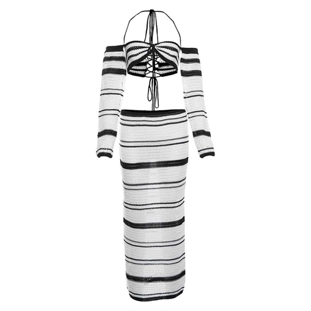 Sexy collisione a righe lavorato a maglia 2 pezzi Set donna estate abbigliamento da spiaggia Off spalla Halter Lace Up Top + gonna dritta elastica