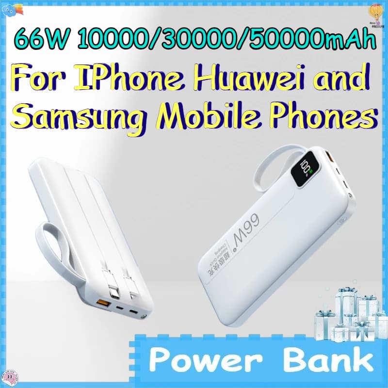 Power Bank da 66W 10000/30000/50000mAh per iPhone, Huawei e Samsung, Ricarica Rapida con Cavo