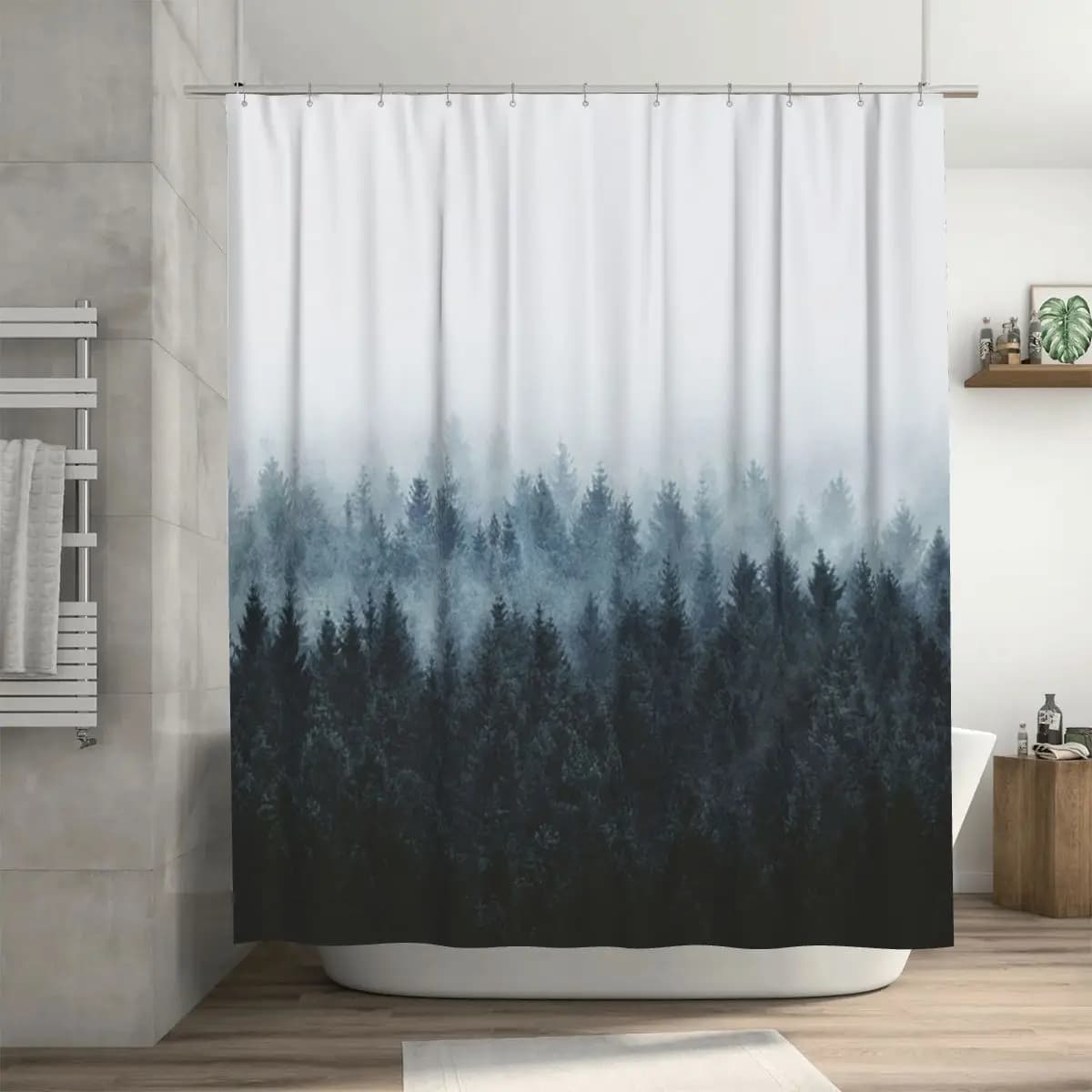 Cortina da Bagno con Scenografia Foresta Fantastica e Spettrale, Alberi di Cascadia Coperti di Nebbia, Effetto Romantico Sombra e Luce