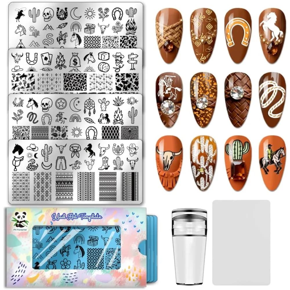 Modelli per nail art fai da te in acciaio inossidabile, strumento per modelli rettangolari con forme miste, 12x6 cm, 4 fogli/set