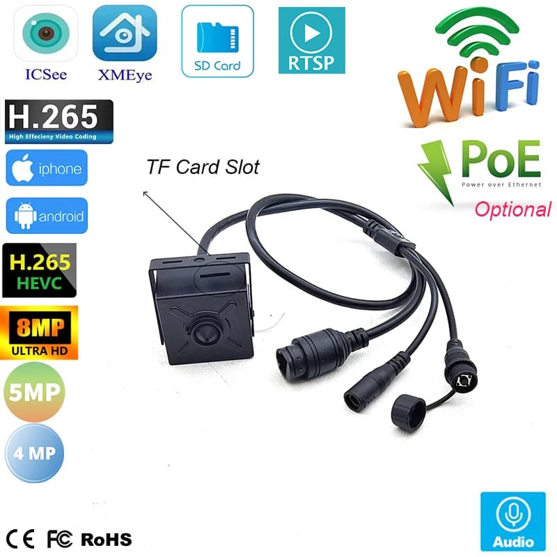 Telecamera IP Mini POE ICSEE 4K 8MP 5MP 4MP, Webcam Wireless WiFi con Onvif H.265, Rilevamento Movimento, Sicurezza, RTSP, Audio, Slot per Scheda TF