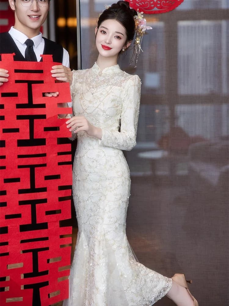 Lace Wedding Dress New Chinese Style Evening Gown Fish Tail Women's Dress Vintage Style Long Sleeve Floor Length