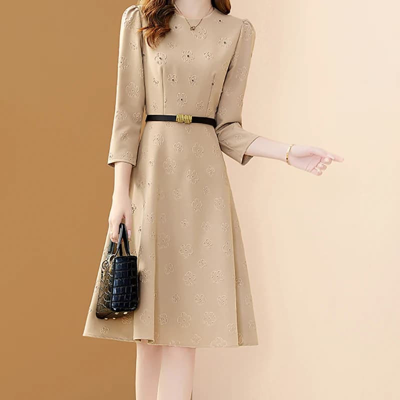 ITOOLIN Women's Dress Chic with Floral Embroidery and Belt, Casual Slim Dress with O-neck for Office, Party Trapezio Dress, Fairy Dress 2025
