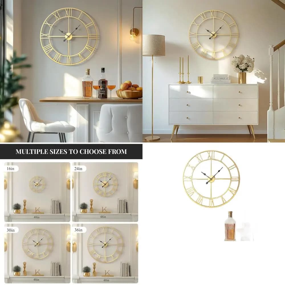 Orologio da Parete Extra Grande in Oro da 30 Pollici per Soggiorno e Cucina, Funzionamento a Batteria, Numeri Romani in Metallo, Decorativo Rotondo