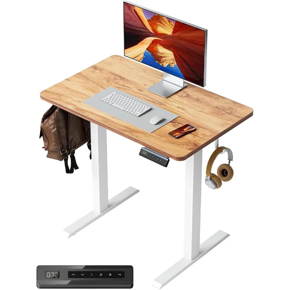 Scrivania in piedi regolabile per ufficio domestico: scrivania per computer elettrica 32 x 20 con 4 posizioni di memoria, gancio per cuffie e ruggine leggera