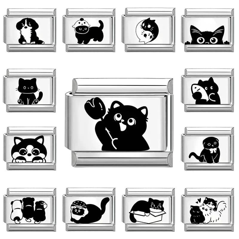 Nice black cat with laser engraving, Italian pendants, suitable for 9 mm bracelet, stainless steel jewelry, DIY gifts