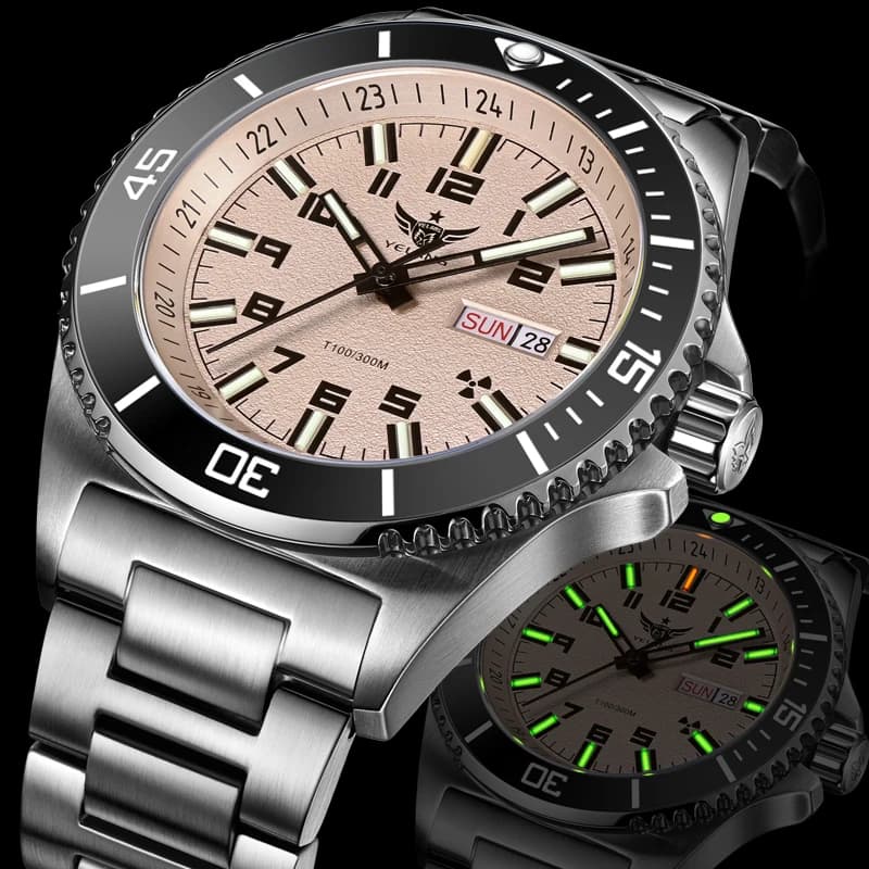 YELANG Orologio Automatico da Uomo Pilota 44mm Orologio da Polso Meccanico Subacqueo 30Bar Impermeabile Tubi Luminosi Zaffiro Miyota 8205 Giorno e Data