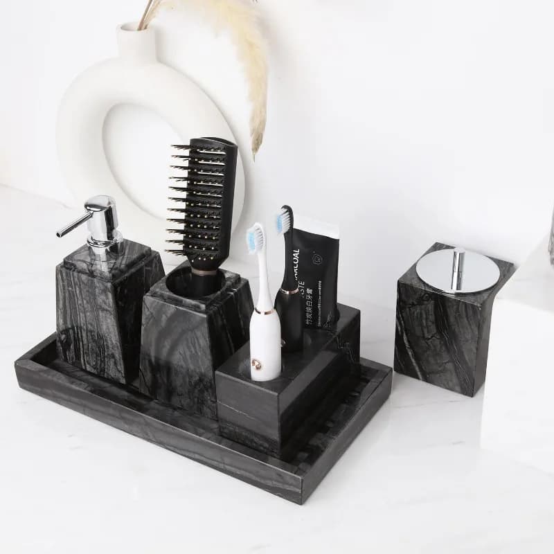 Marble Bathroom Vanity Tray Set, Hotel Liquid Soap Dispenser & Mouthwash Cup Counter Storage Tray, High-end Luxury Bathroom Kit